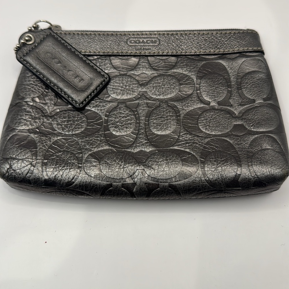 Coach silver and plum leather clutch
